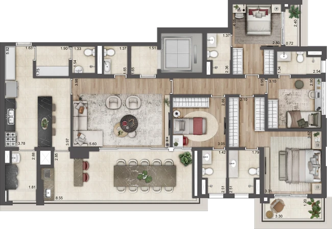 Planta Torre A — 180 m², 4 suítes