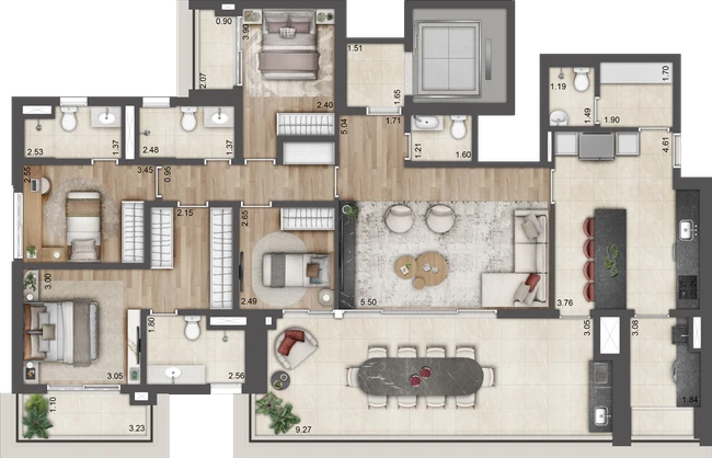 Planta Torre C — 170 m², 4 dorms. (2 suítes)