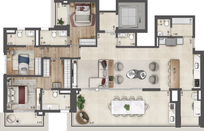Planta Torre C — 170 m², 3 suítes