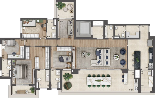 Planta Torre D — 223 m², 4 suítes