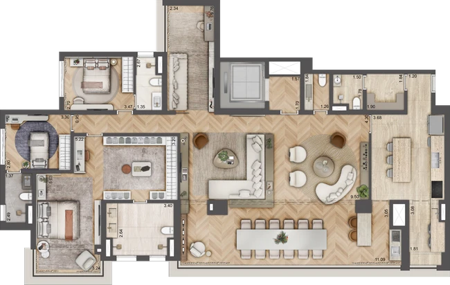 Planta Torre D — 223 m², 3 suítes